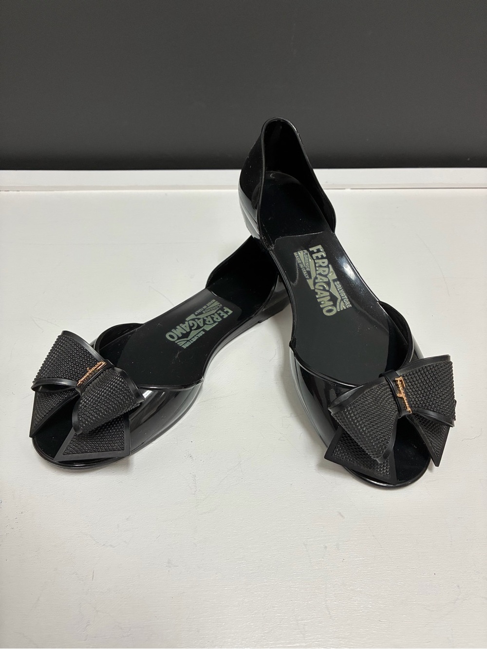 Salvatore Ferragamo Black Bow D'Orsay Jelly Flats